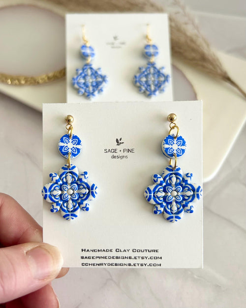Blue & White Santorini Tile Clay Earrings, Flower Drop Dangles, Athens Jewelry Mediterranean Gift