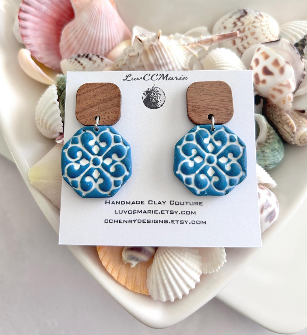 Teal & White Hexagon Santorini Tile Clay and Wood Earrings, Mediterranean Dangles