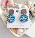 Teal & White Hexagon Santorini Tile Clay and Wood Earrings, Mediterranean Dangles