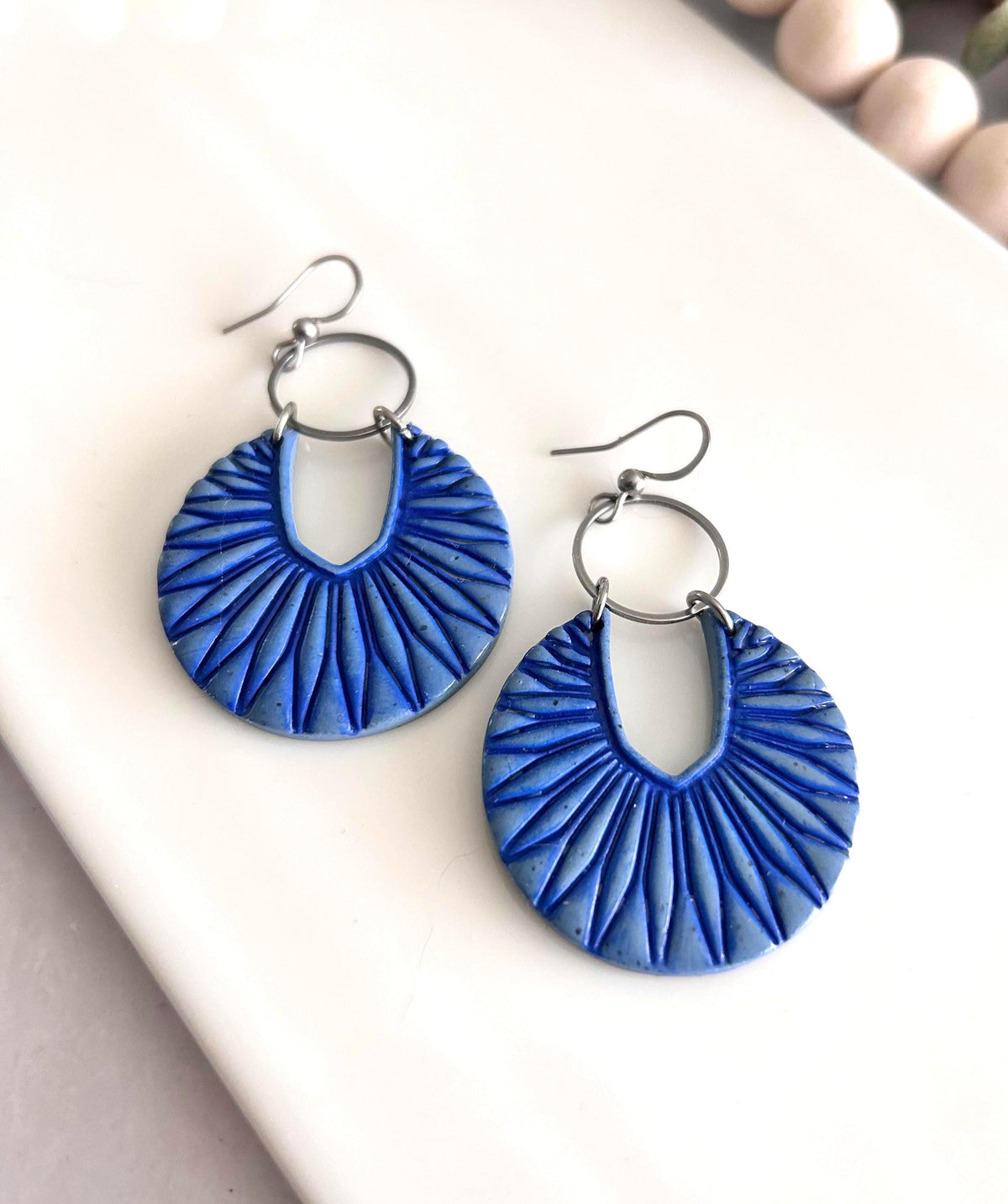 Denim Blue Boho Earrings, Navy and Silver Hoop Dangles, Handmade Clay Jewelry Gift