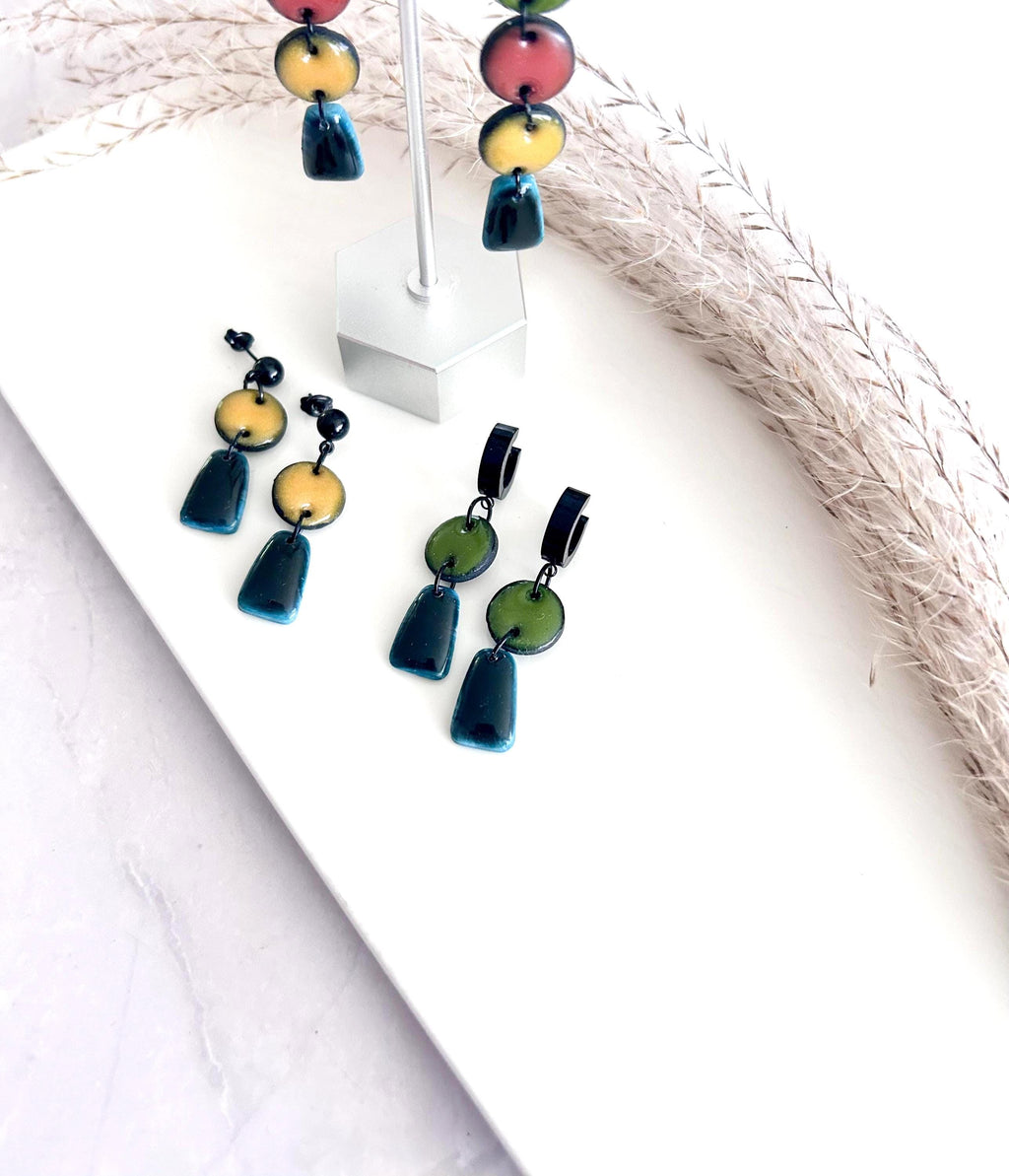 Olive Mustard Huggie Hoops, Bold Modern Earrings, Black Clay Dangles, Handmade Lightweight