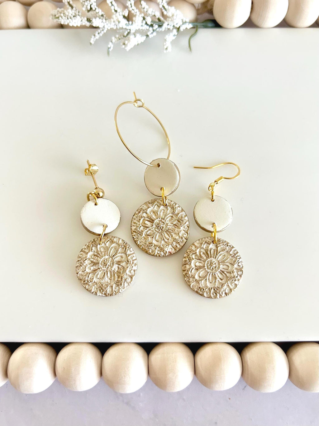 Clay Earrings, Navy Blue, Creamy Off White, Burgundy Dark Red, Gold Floral Mandala Dangles