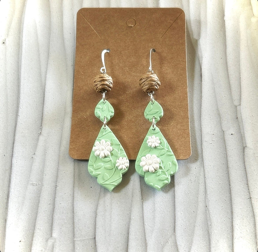 Green and White Daisy Earrings, Clay Drop Long Dangles, Handmade Floral Flower Jewelry