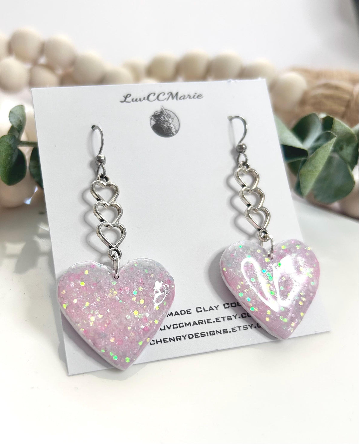 Trans Pride Heart Dangle Earrings: Holo Glitter Clay Boho Jewelry