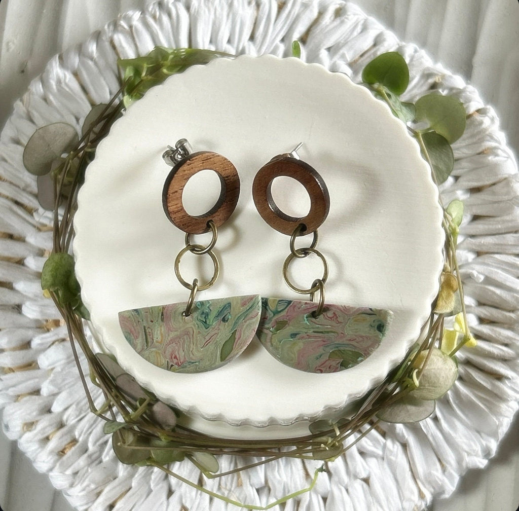 Olive Green Boho Earrings, Clay and Wood Marbled Dangles, Handmade Jewelry Gift For Her