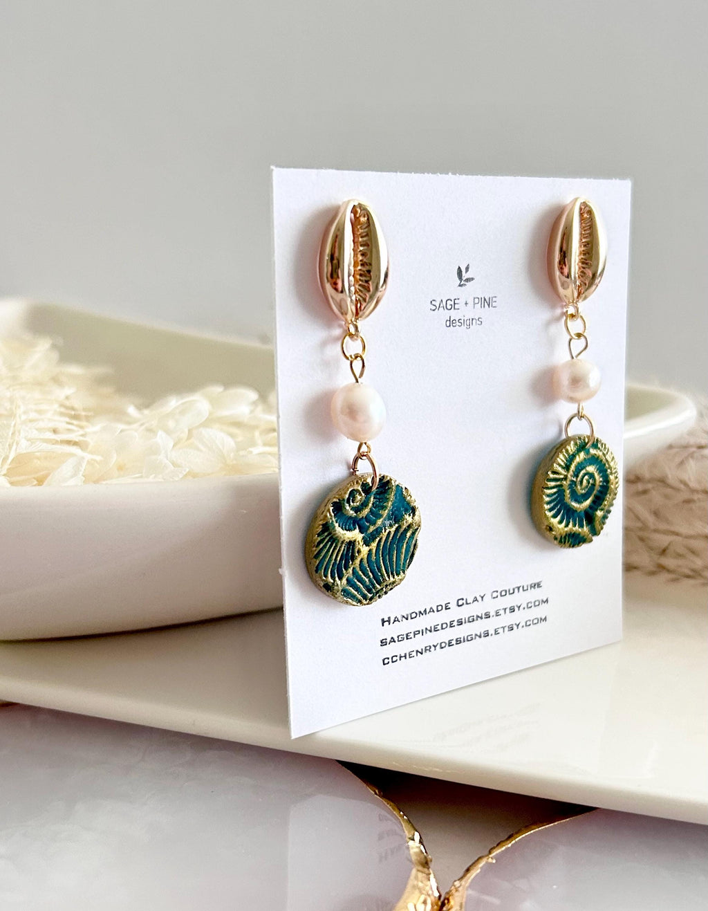 Seashell Cowrie Pearl Earrings, Coastal Vacation Faux Ammonite Drop Dangles, Handmade Clay Jewelry
