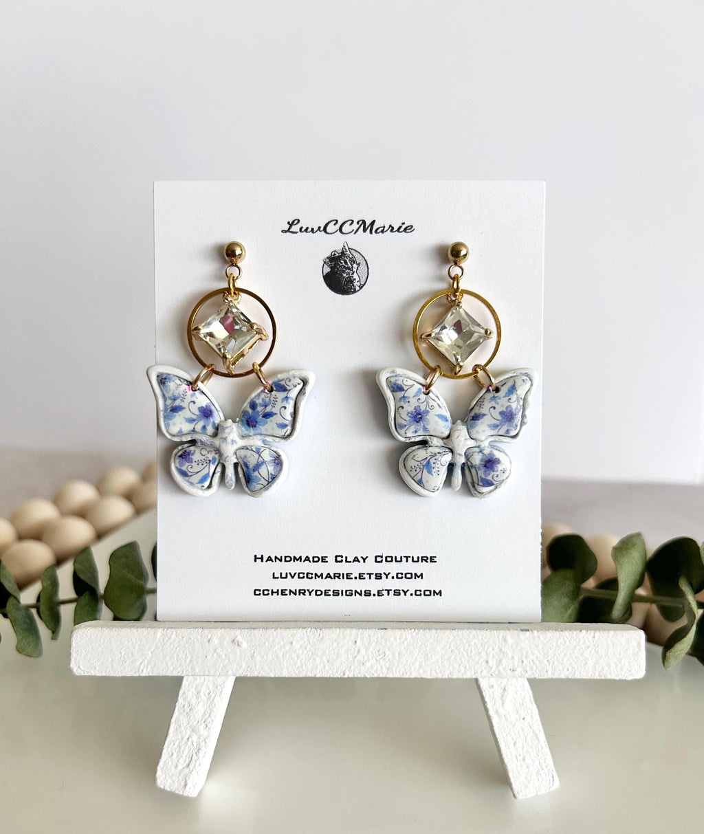 Blue Floral Butterfly Earrings, Chinoiserie Diamond Charm Dangles, Handmade Clay Boho Jewelry