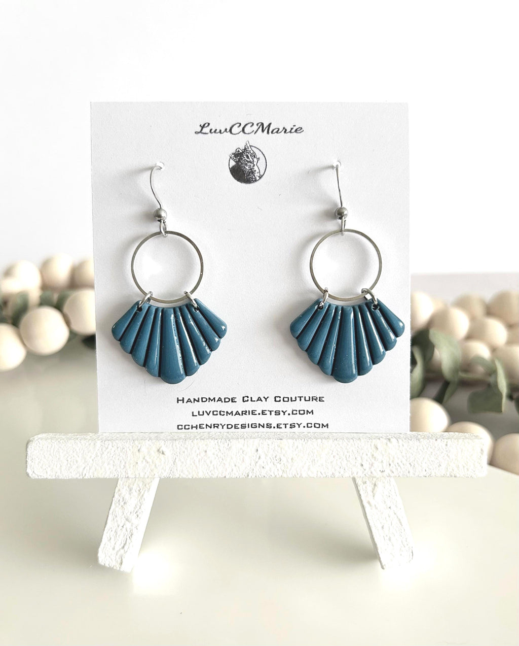 Teal Blue and Silver Dangle Earrings, Handmade Clay Hoop Dangles, Coastal Vacation Jewelry Gift