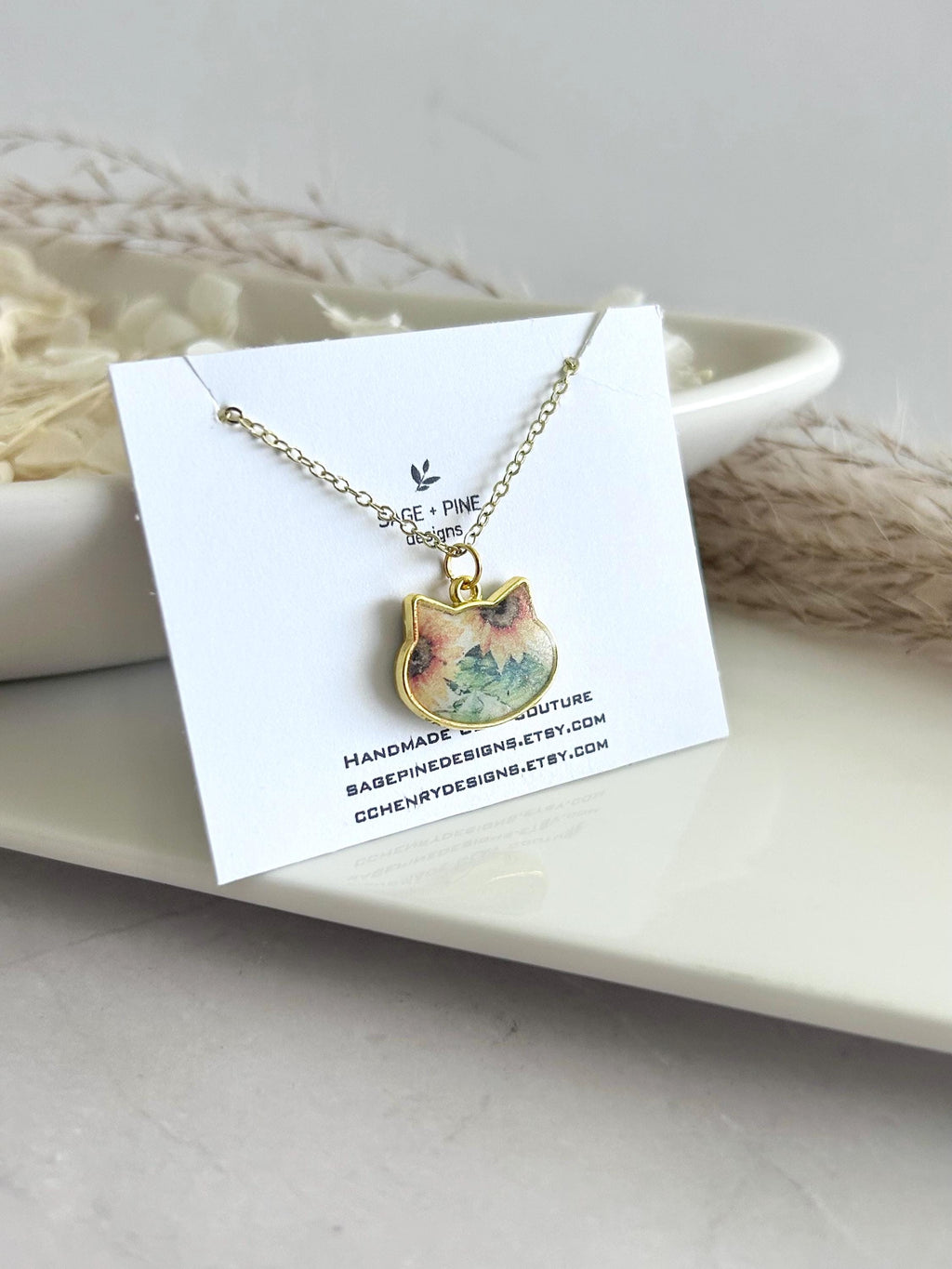 Sunflower Cat Charm Necklace, Yellow and Green Floral Pendant, Handmade Fashion Clay Jewelry