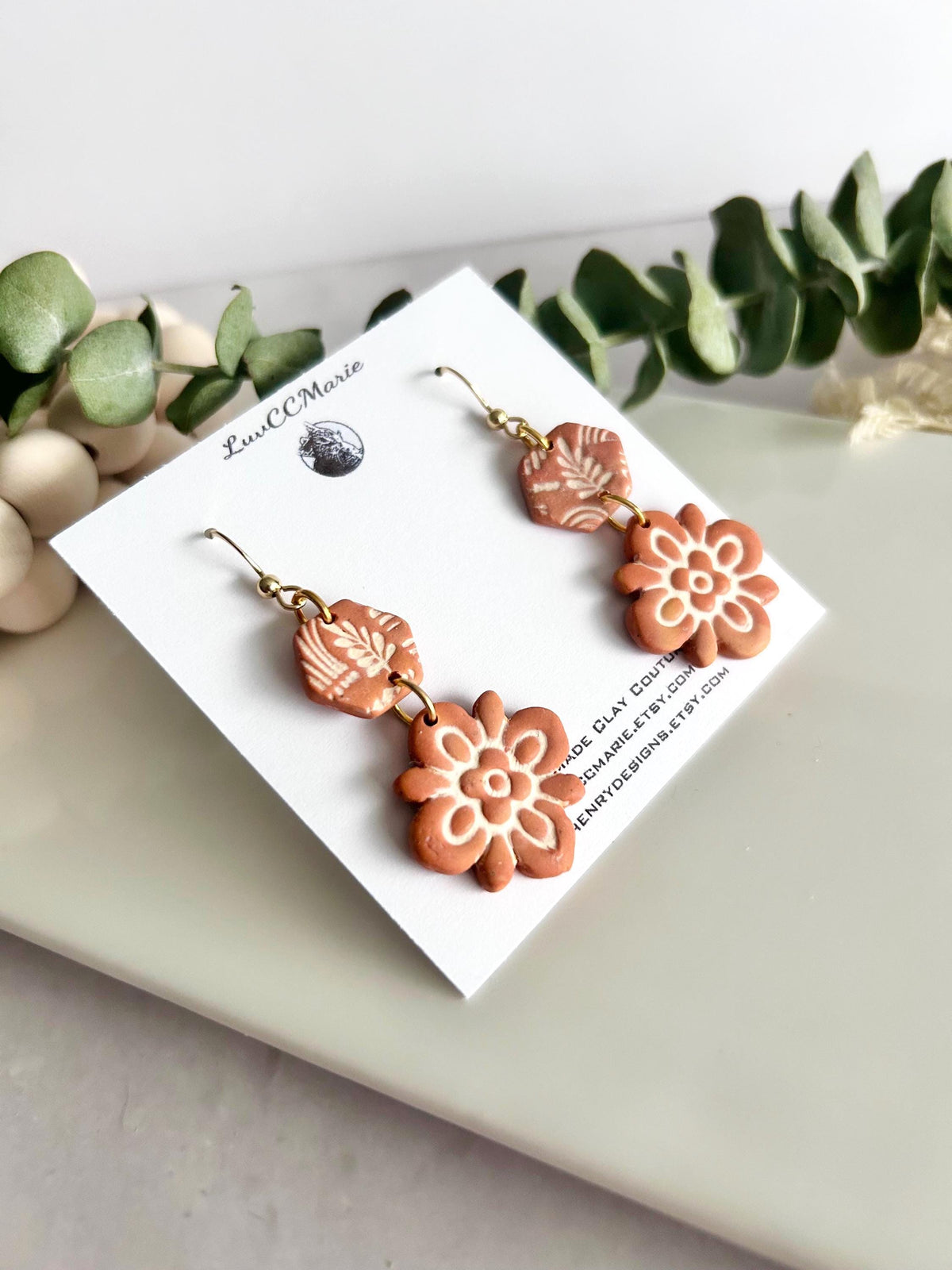 Terracotta Mexican Tile Dangles, Fall Earrings, Clay Bohemian Handmade Lightweight