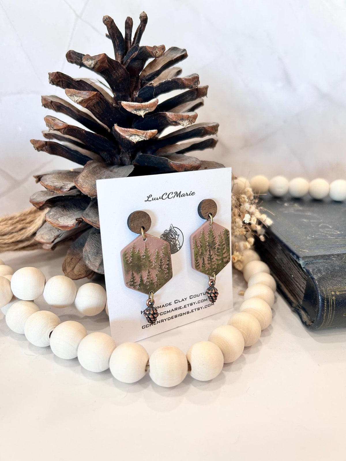 Handmade Forest Green Tree Earrings: Copper Pine Cone, Boho Dangles