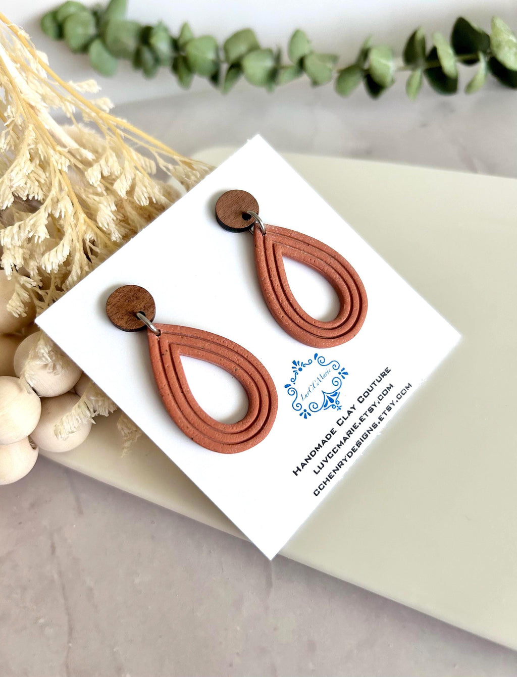 Rust Brown Terracotta Clay and Wood Dangle Earrings, Small Mexican Neutral Handmade Boho Jewelry