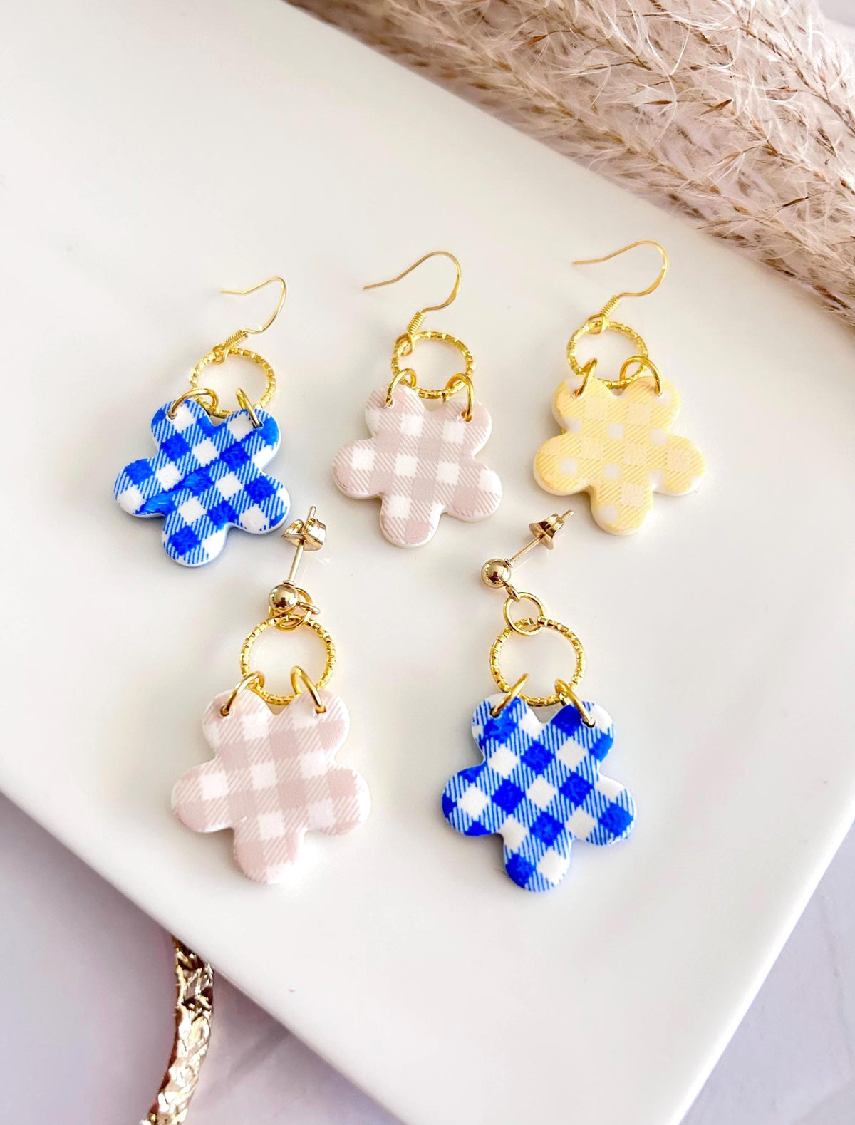 Yellow and Gold Daisy Gingham Clay Earrings, Plaid Dangles, Lightweight Hypoallergenic