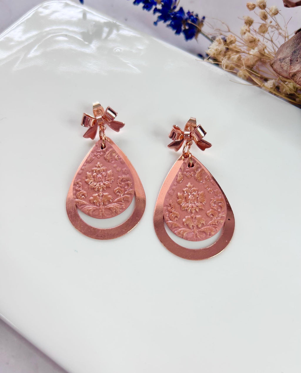 Copper and Clay Dangle Earrings, Mauve Pink Teardrop Dangles, Lightweight Boho Handmade Jewelry
