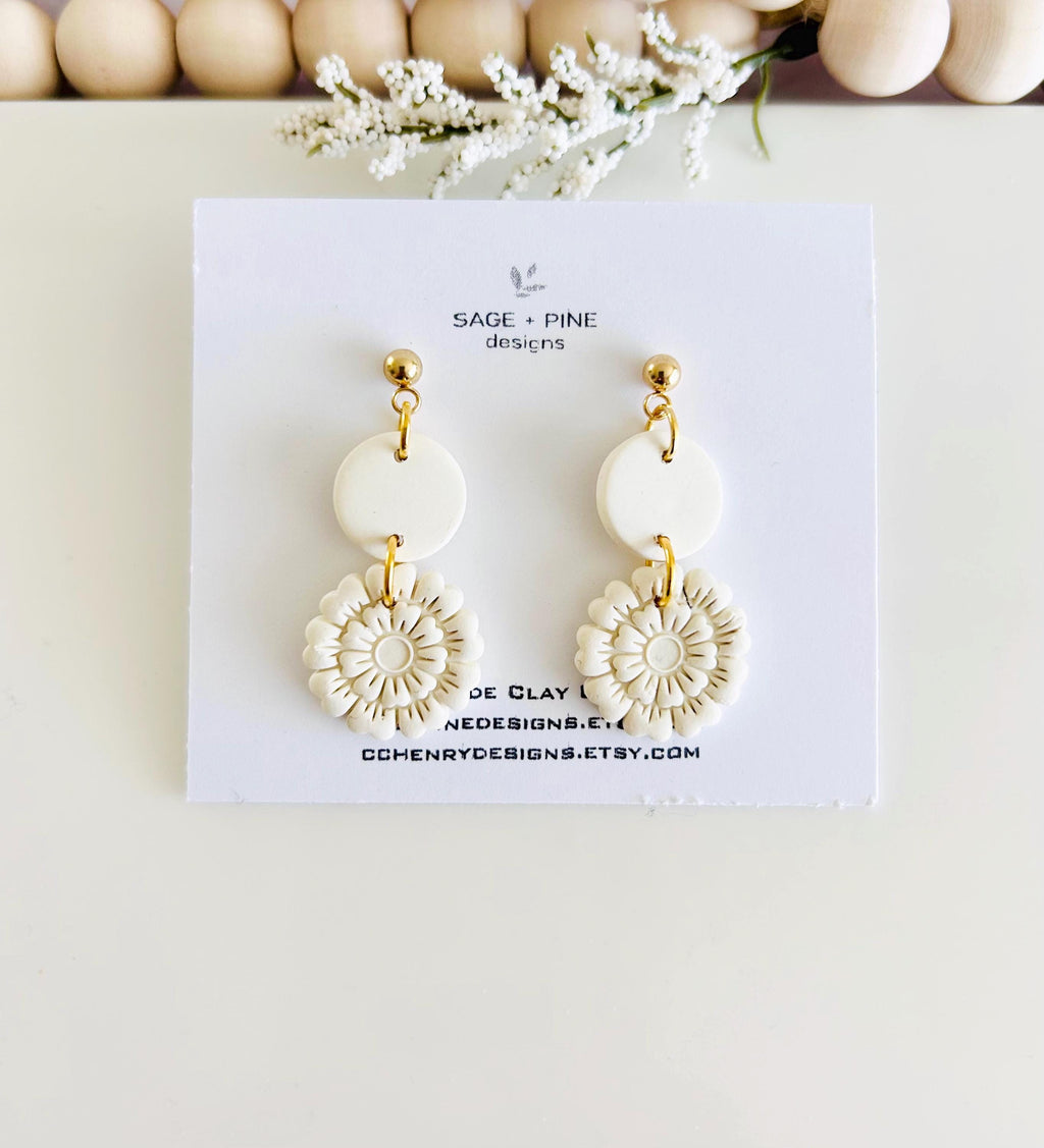 Creamy White Clay Earrings, Floral Embossed Drop Dangles, Handmade Fashion Boho Jewelry