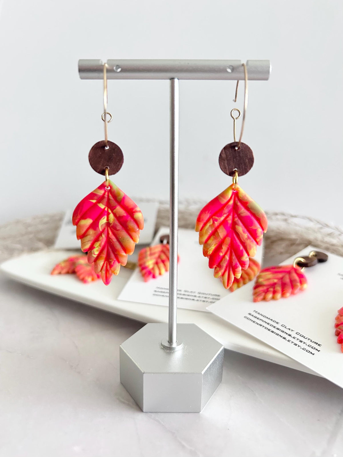 Neon Leaf Earrings, Walnut Wood Bead Earrings, Multicolor Dangles, Hypoallergenic Clay Lightweight Jewelry