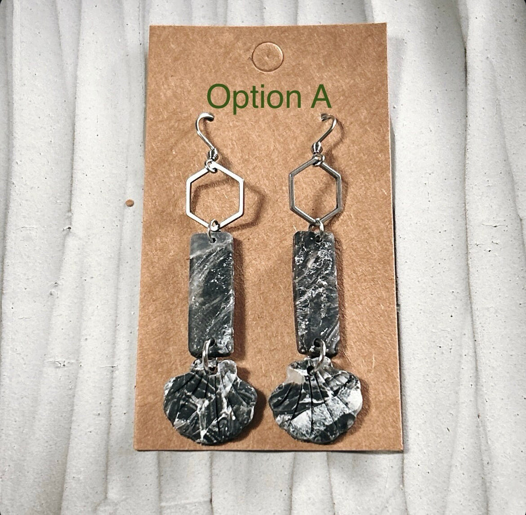 Seashell Earrings, Black Beach Dangles, Stainless Steel Long Hexagon Handmade Clay Boho Jewelry