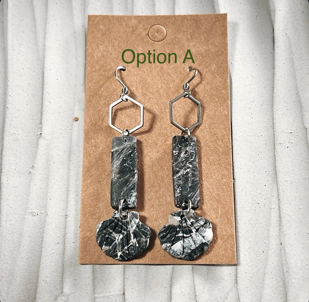 Seashell Earrings, Black Beach Dangles, Stainless Steel Long Hexagon Handmade Clay Boho Jewelry