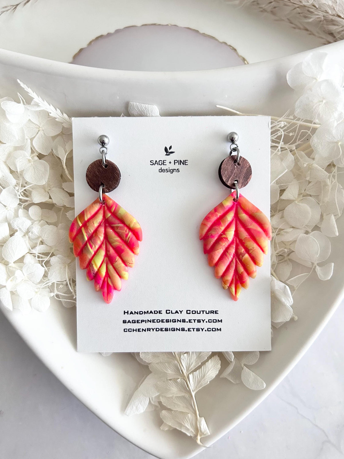 Neon Leaf Earrings, Walnut Wood Bead Earrings, Multicolor Dangles, Hypoallergenic Clay Lightweight Jewelry