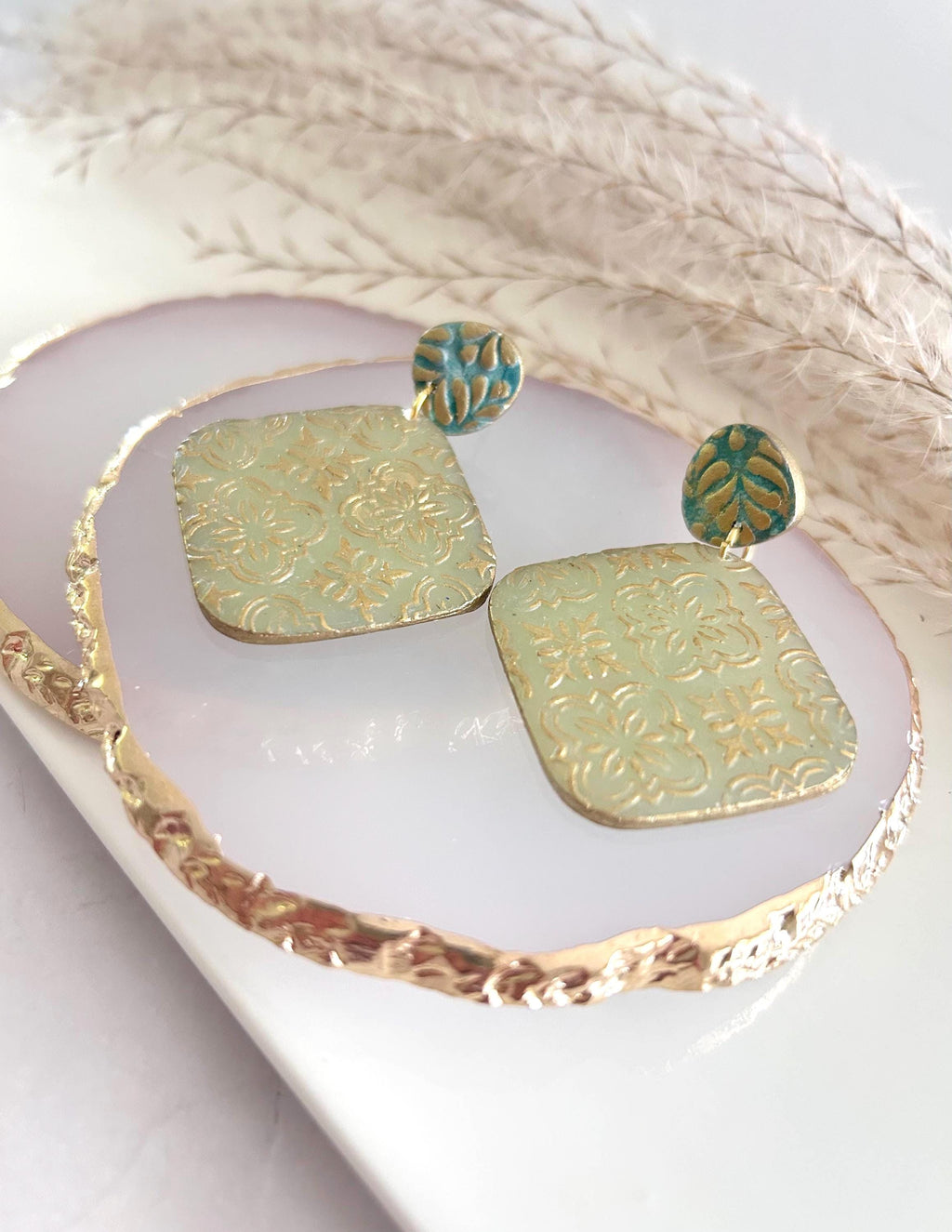 Gold & Sage Drop Studs, Santorini Earrings, Statement Arches, Holiday Jewelry