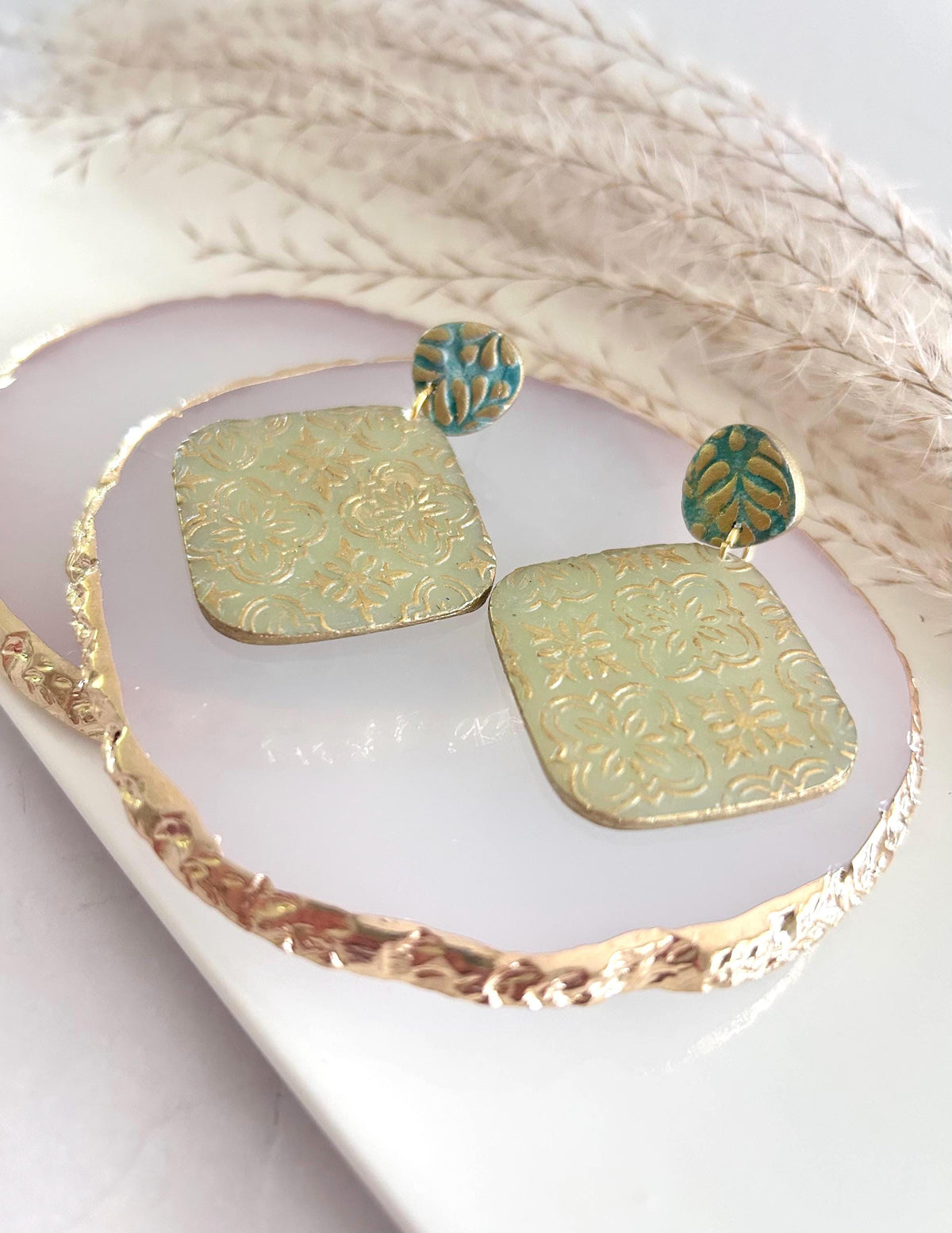 Gold & Sage Drop Studs, Santorini Earrings, Statement Arches, Holiday Jewelry