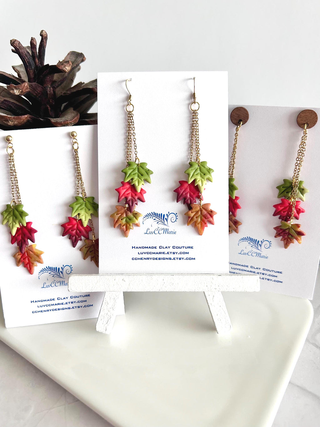 Leaf Earrings, Fall Jewelry, Polymer Clay Ombre Maple Leaves Chain Dangles