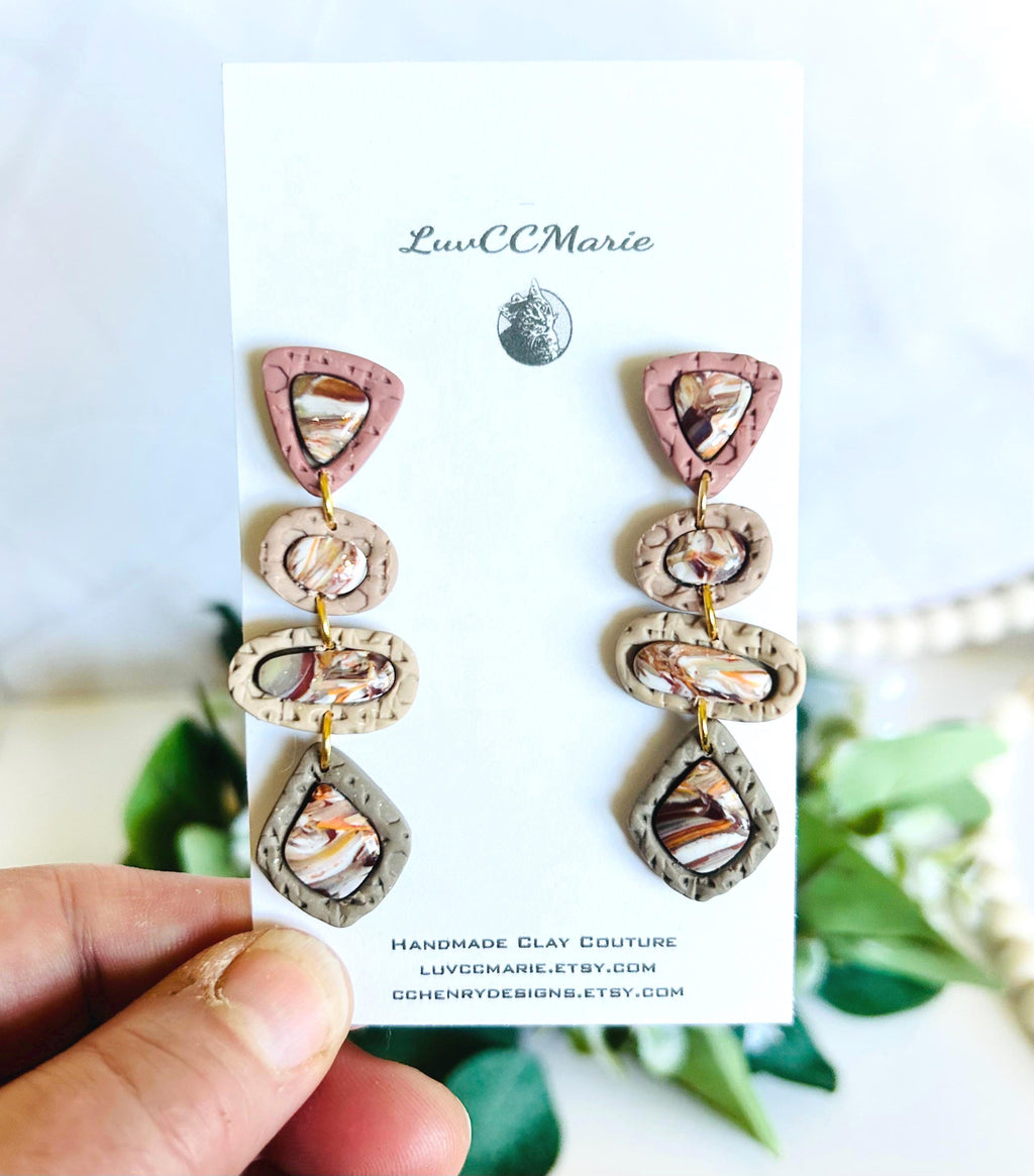 Neutral Stone Statement Dangles, Beige, Brown, Orange, White, Handmade Clay Post Earrings