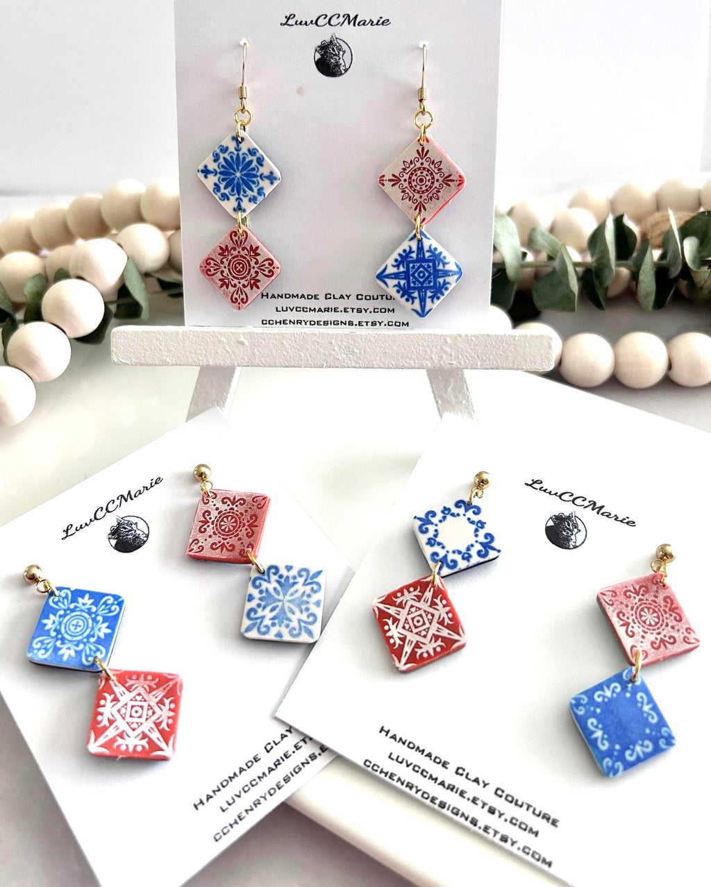 Talavera Clay Tile Earrings, Blue White Coral Dangles, Mexican Terracotta, Mediterranean Jewelry