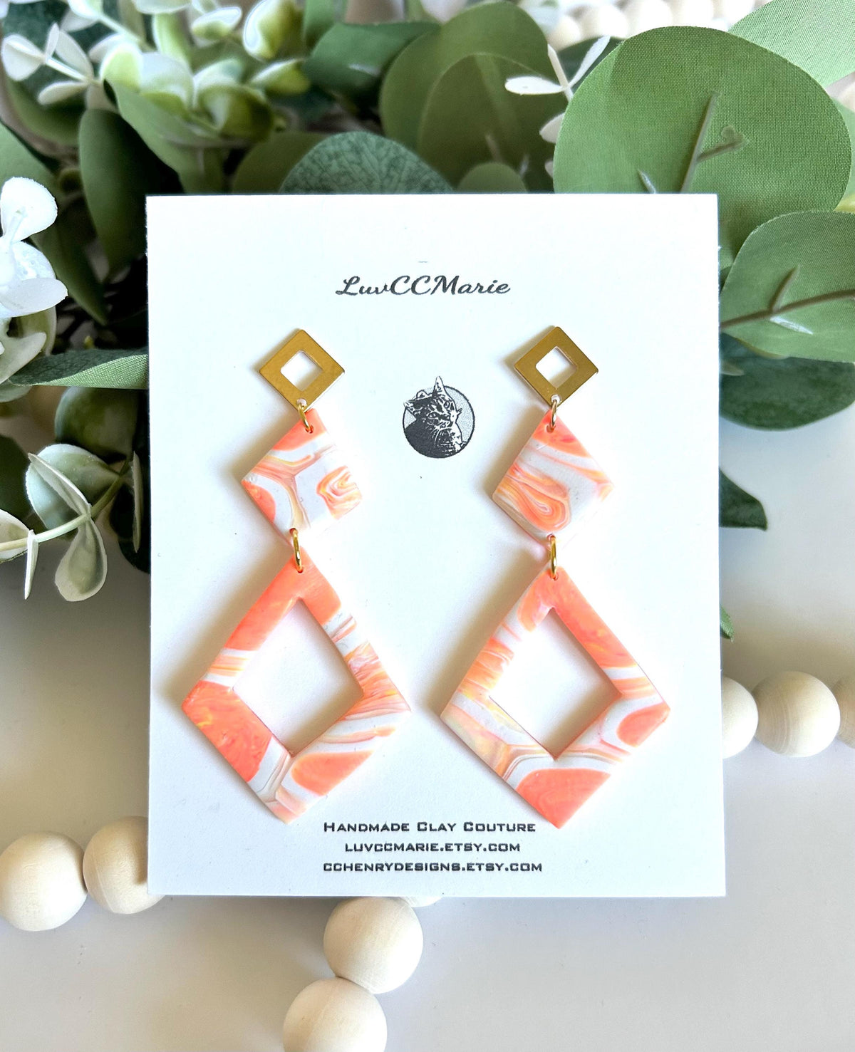 Coral Statement Dangle Earrings, Geometric Dangles, Handmade Lightweight Boho Jewelry