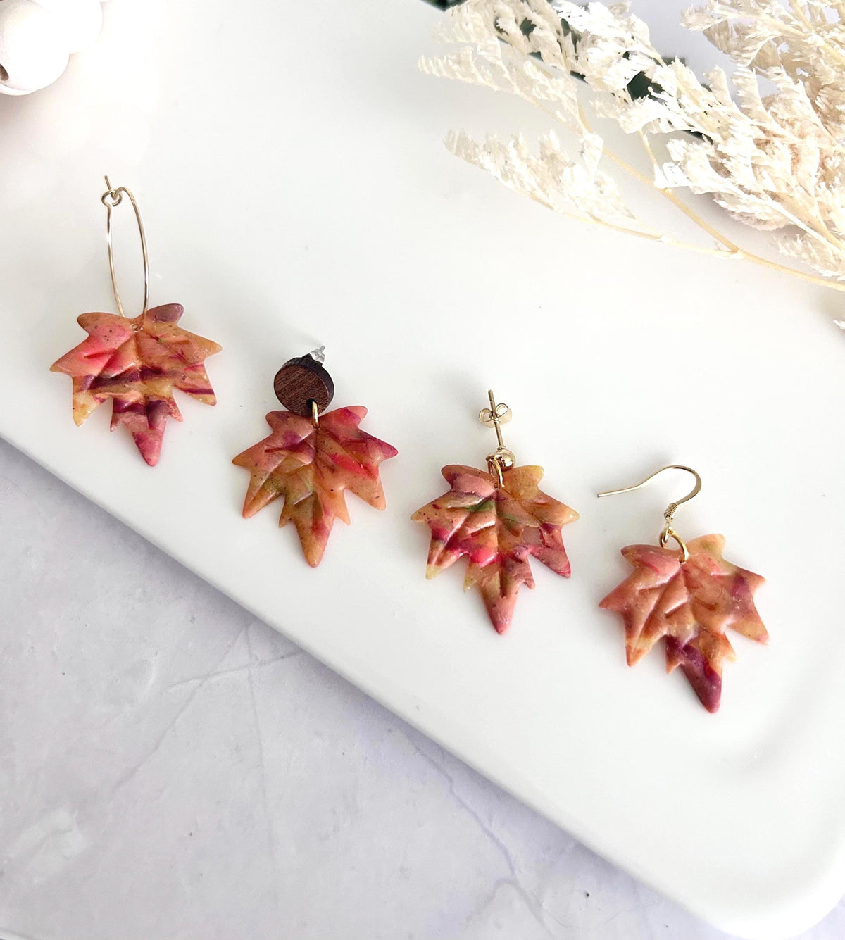 Maple Leaf Dangle Earrings, Clay Stud Dangles, Handmade Multicolor Fall Jewelry