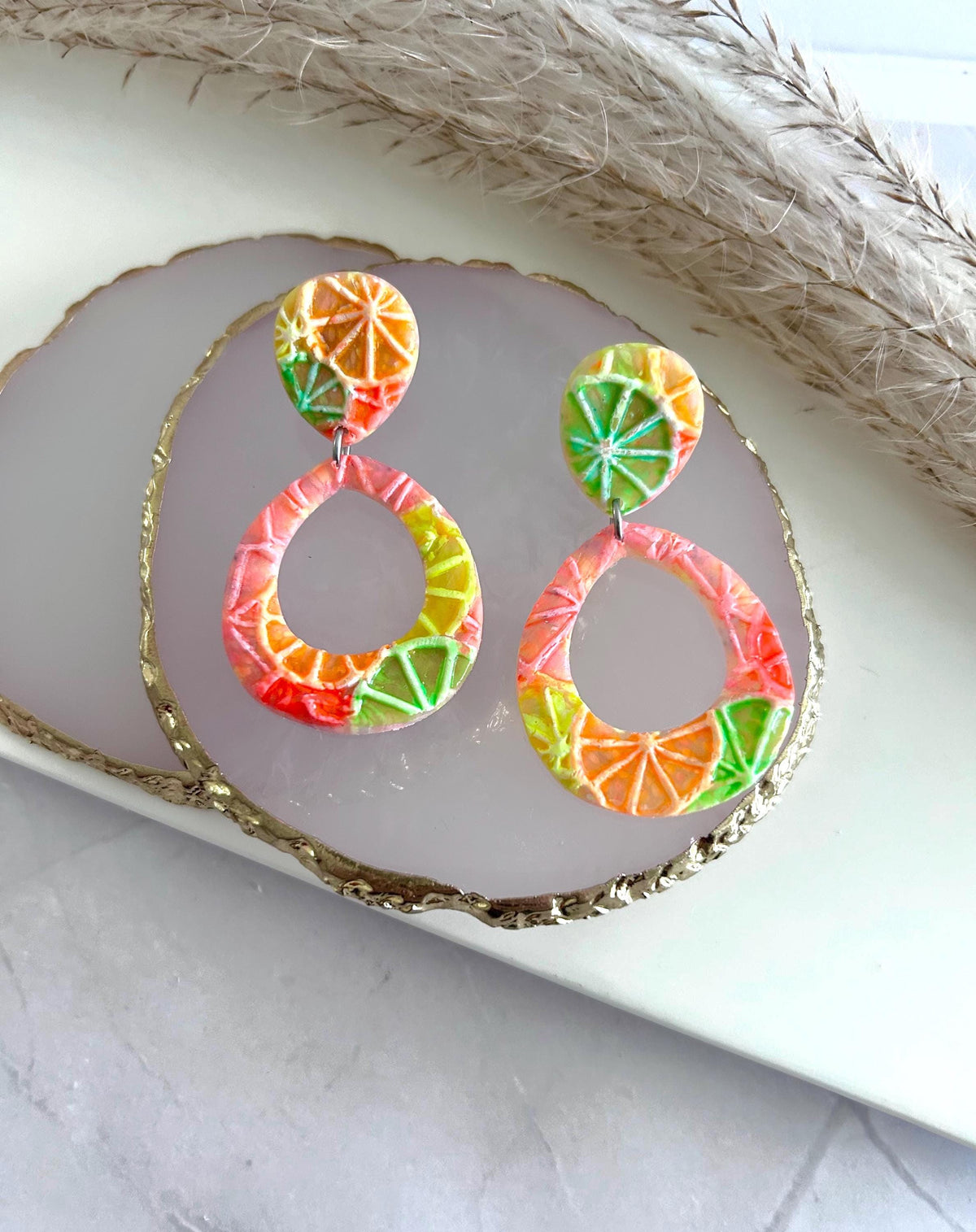 Neon Orange Slice Foodie Earrings, Grapefruit, Lemon, Lime, Unique Handcrafted Dangles, 90s Statement Clay Jewelry