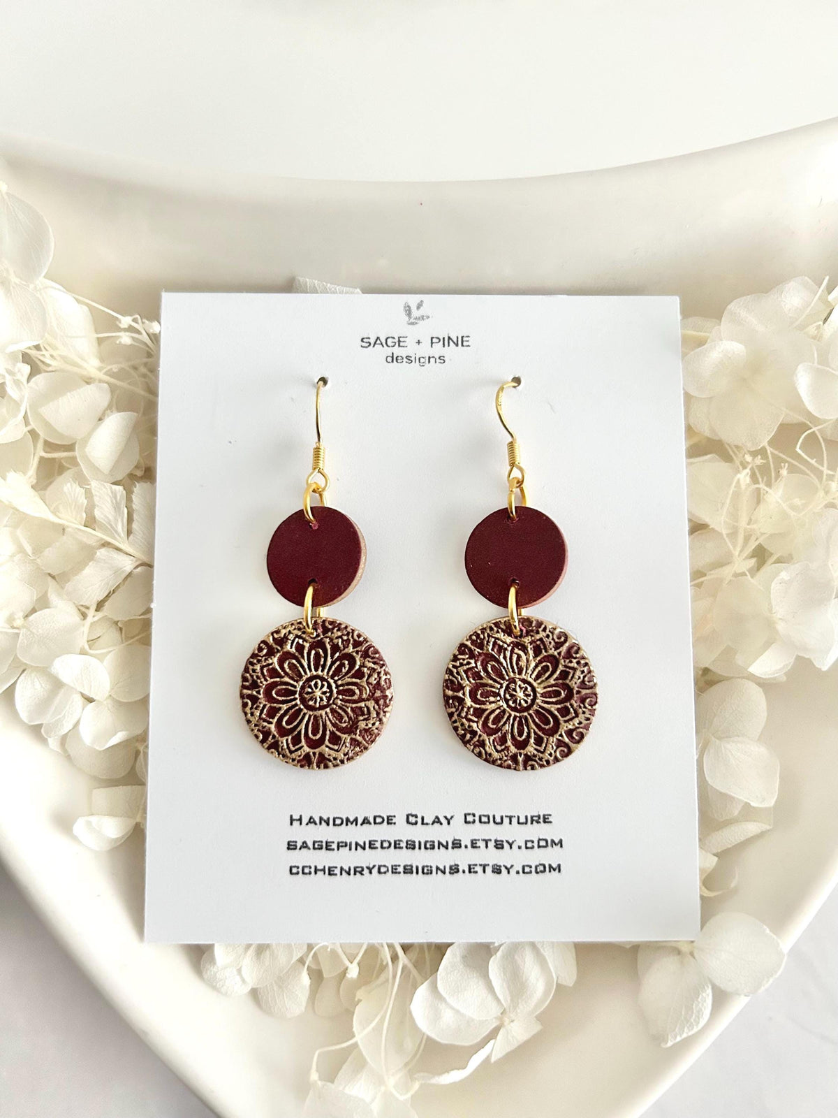 Dark Burgundy Clay Earrings, Gold Mandala Embossed Dangles, Handmade Boho Jewelry