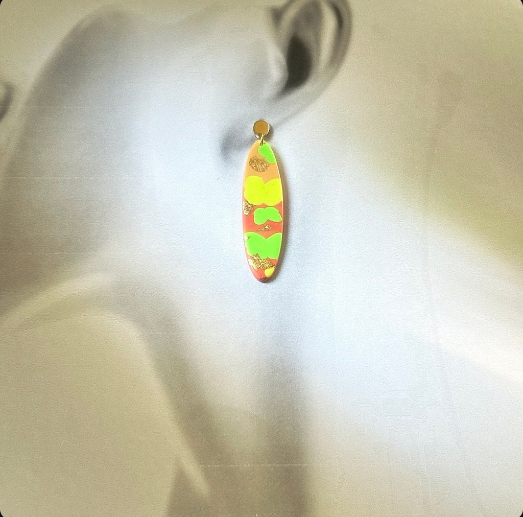 Neon Abstract Clay Earrings, Fluorescent Retro Surfboard Dangles, Handmade Colorful Boho Jewelry