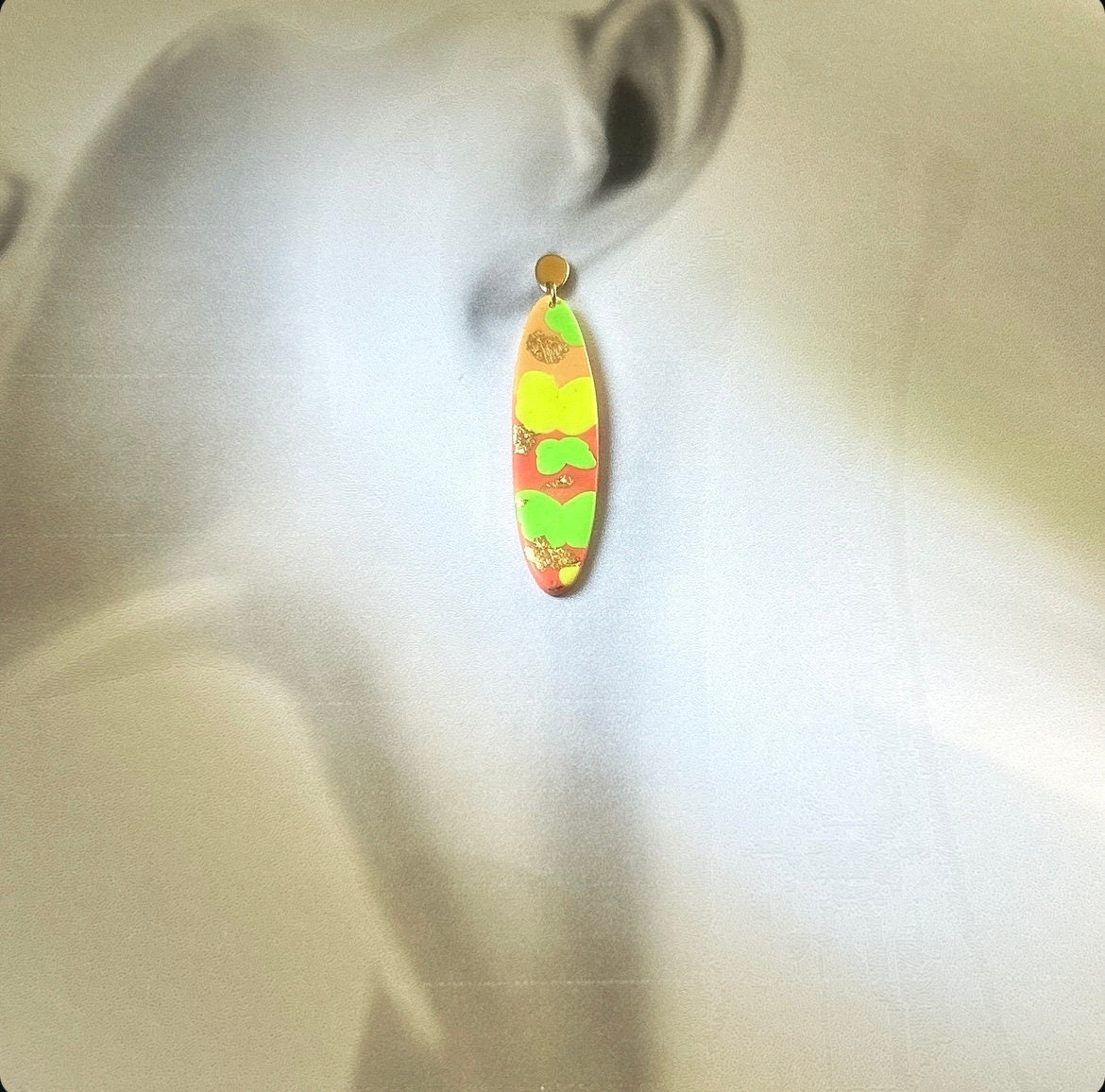 Neon Abstract Clay Earrings, Fluorescent Retro Surfboard Dangles, Handmade Colorful Boho Jewelry
