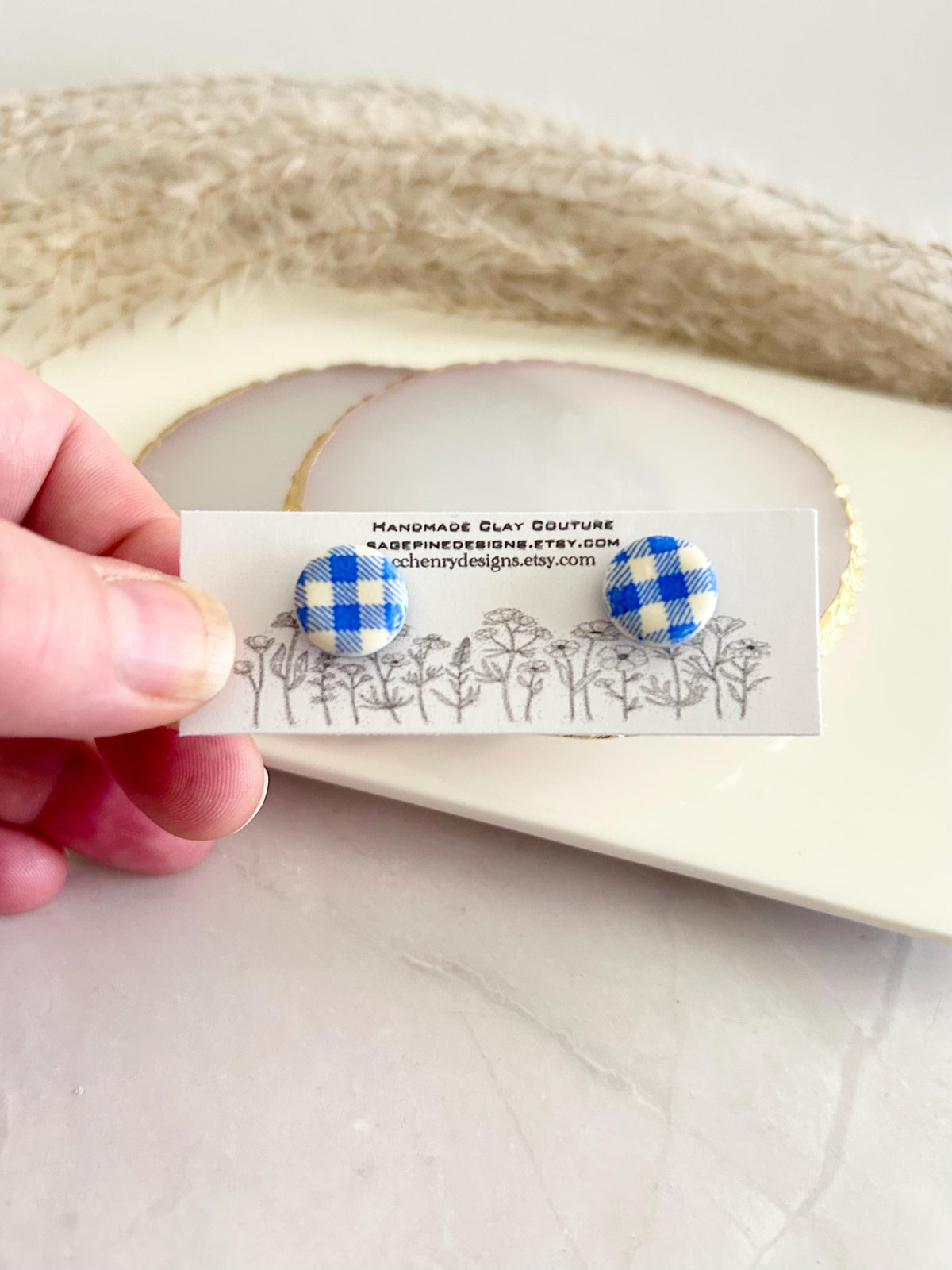Navy Blue Gingham Check Clay Studs, Summer Vacation Stud Earrings, Handmade Jewelry