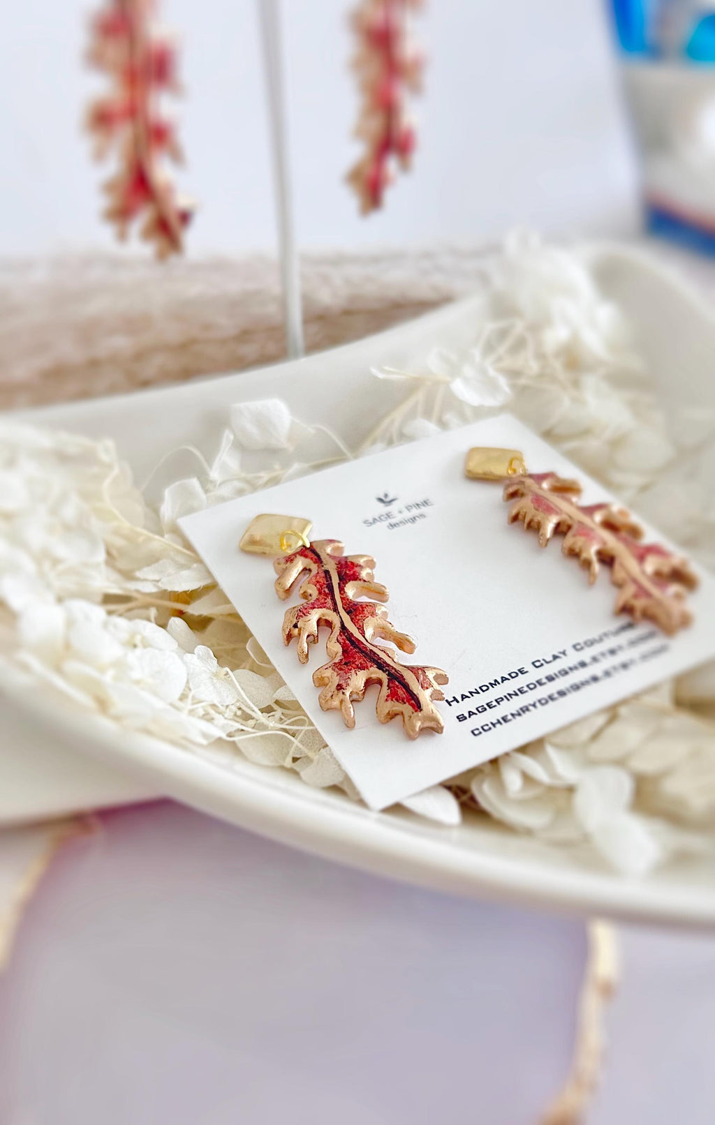 Fall Leaf Clay Earrings, Red and Gold Autumn Dangles, Boho Hypoallergenic Lightweight Jewelry