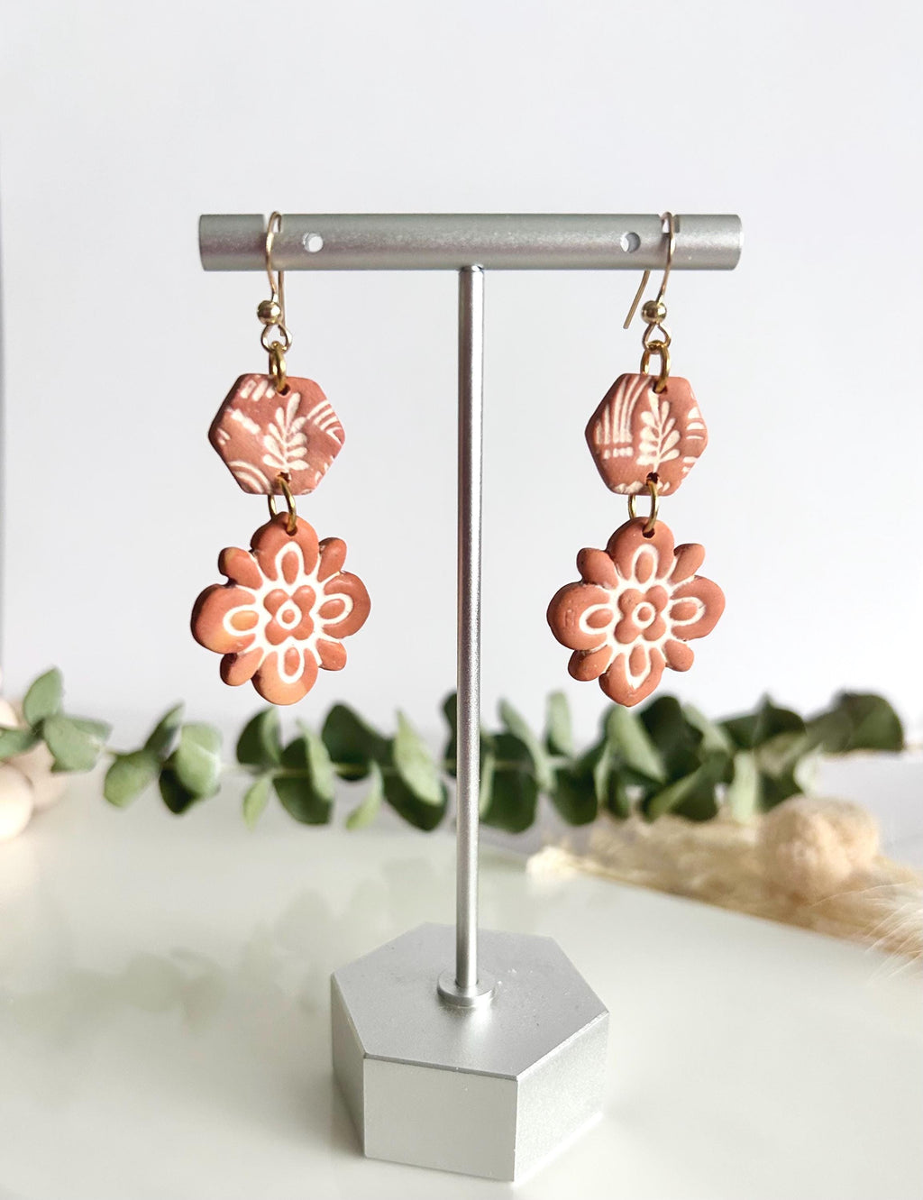 Terracotta Mexican Tile Dangles, Fall Earrings, Clay Bohemian Handmade Lightweight
