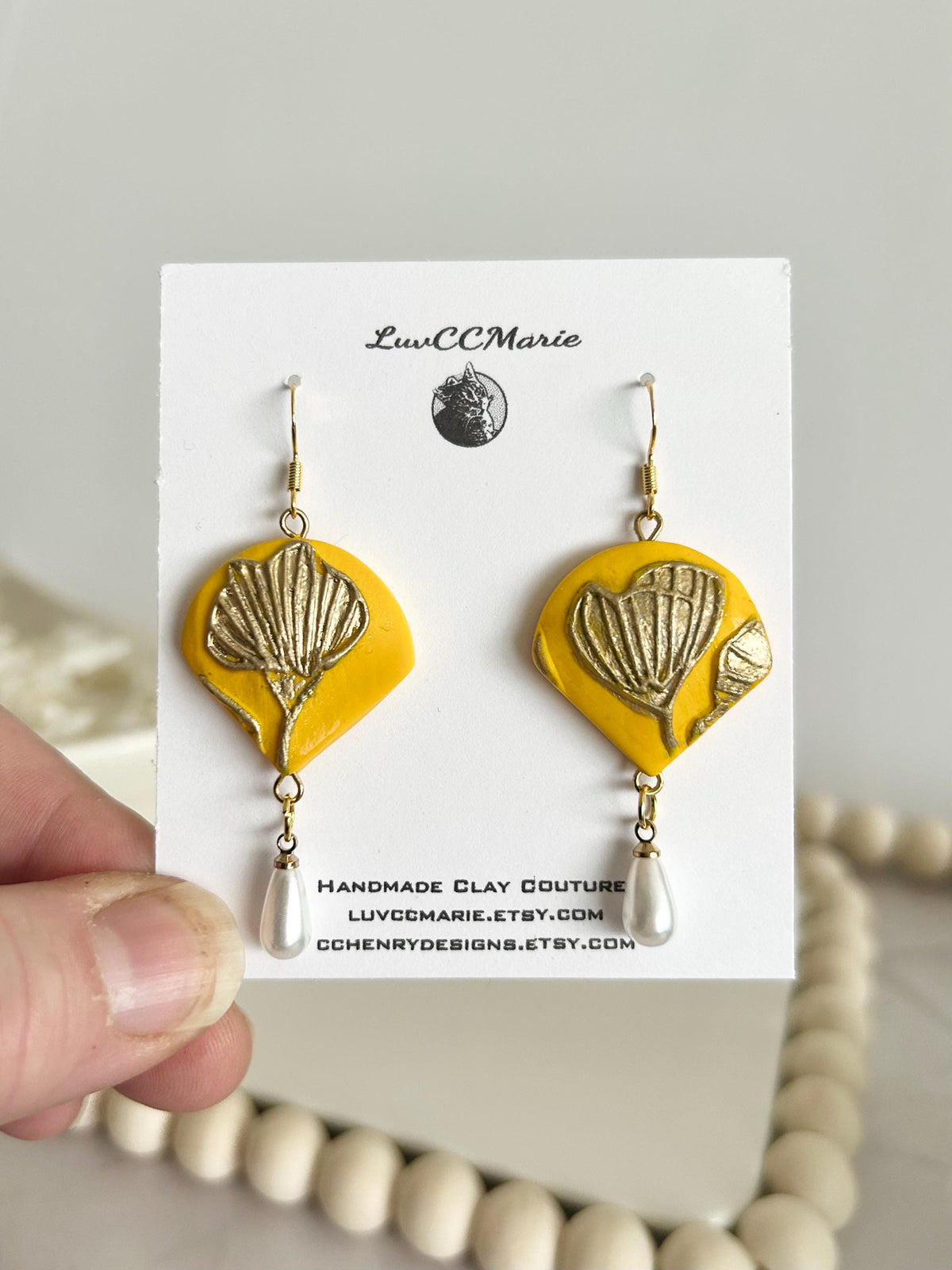 California Poppy Flower Clay Earrings, Abstract Floral Pearl Dangles, Handmade Jewelry Gift for Her