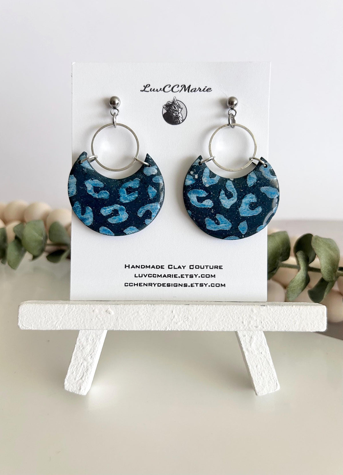 Navy Blue and Silver Leopard Print Clay Earrings, Crescent Moon Hoop Dangles