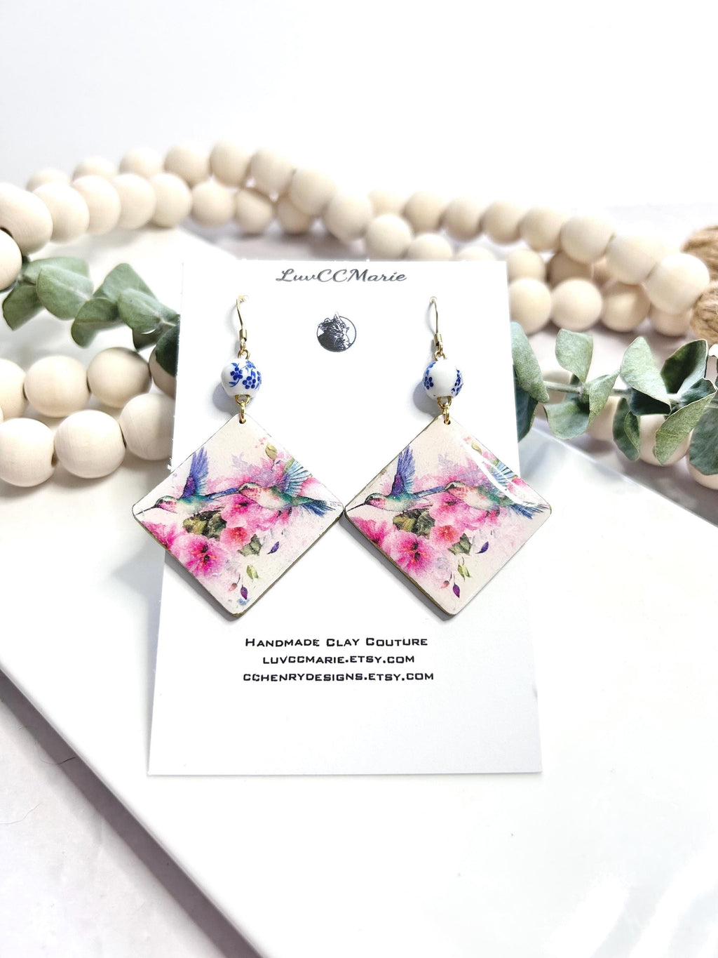 Hummingbird Bead Dangles Earrings, White, Pink and Light Blue Handmade Clay Jewelry Gift
