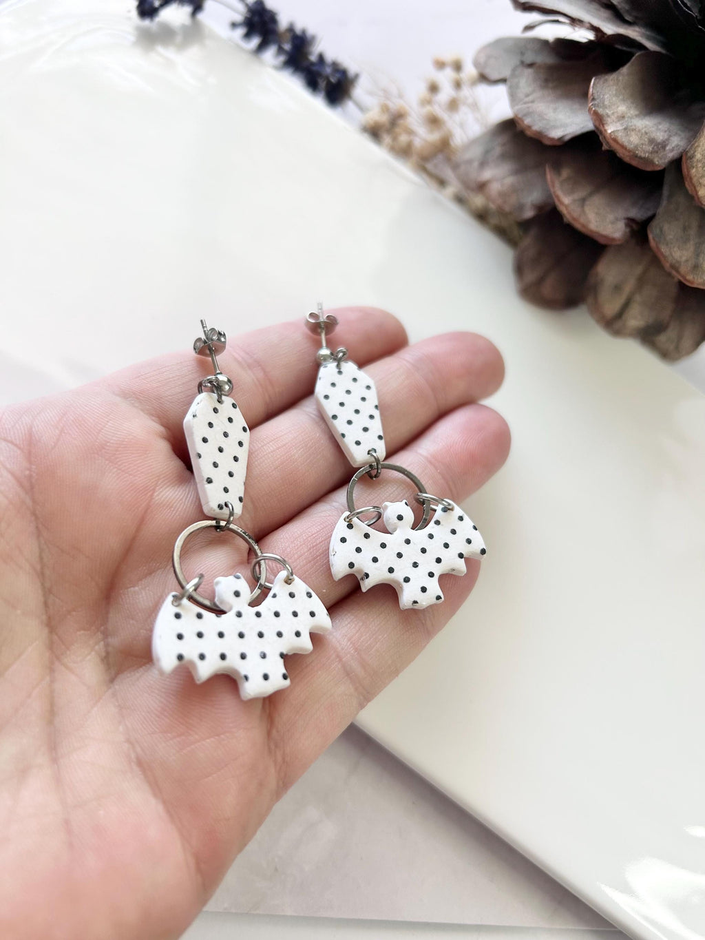 Polka Dot Long Earrings, Bat Coffin Dangles, Black and White Emo Jewelry