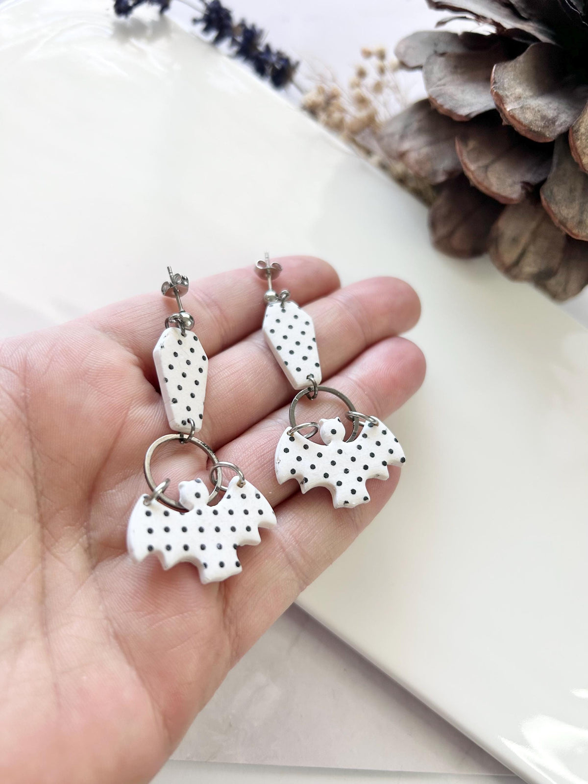 Polka Dot Long Earrings, Bat Coffin Dangles, Black and White Emo Jewelry
