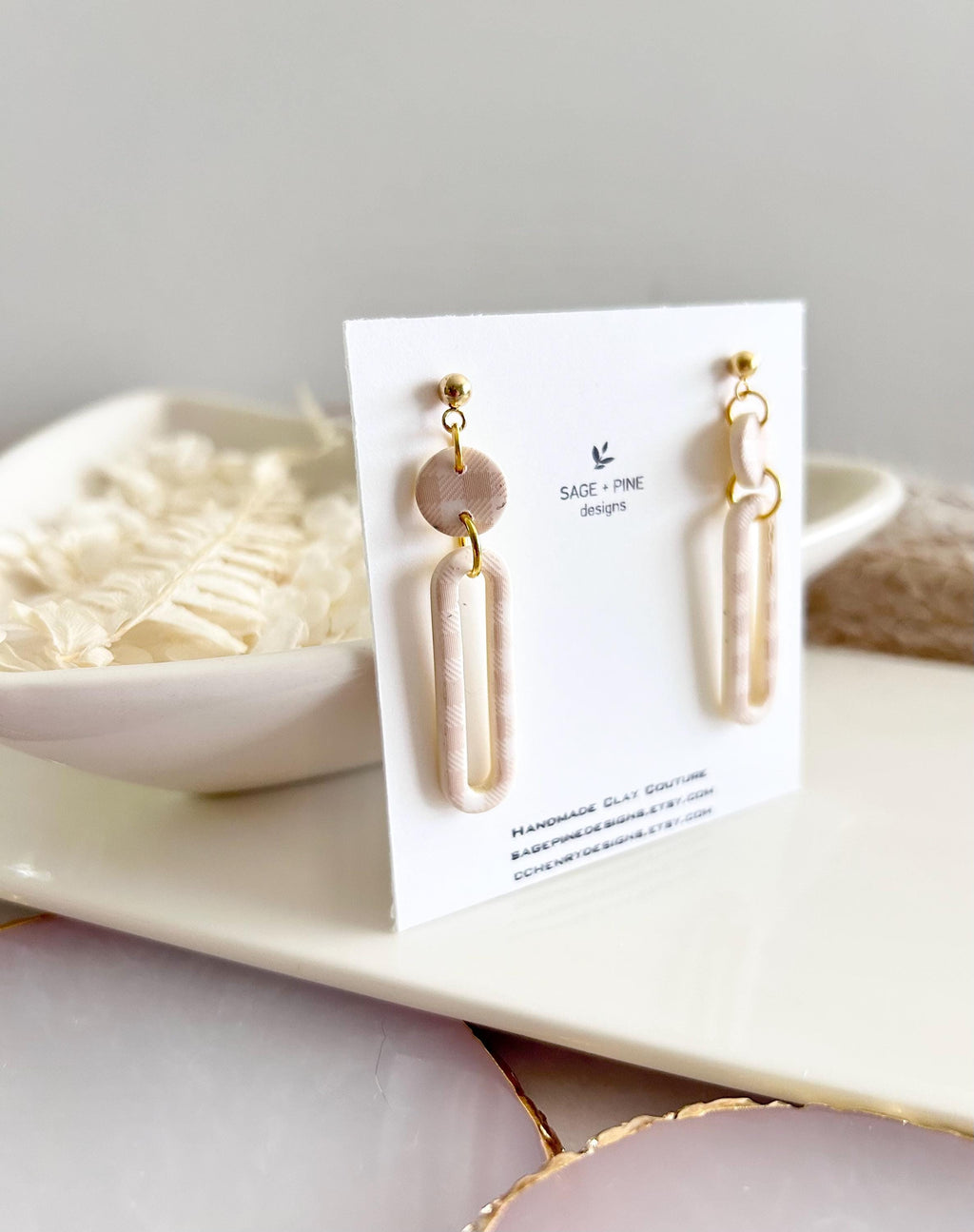Beige and Gold Gingham Earrings, Clay Hoop Dangles, Lightweight Hypoallergenic