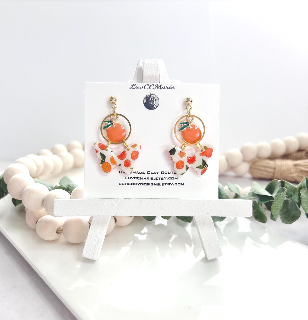 White and Orange Butterfly Earrings, Fruit Dangles, Handmade Clay Summer Jewelry Foodie Gift