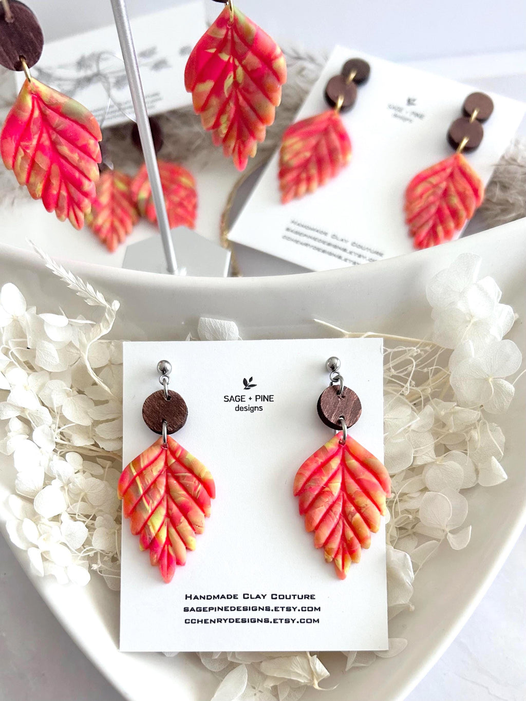 Neon Leaf Earrings, Walnut Wood Bead Earrings, Multicolor Dangles, Hypoallergenic Clay Lightweight Jewelry