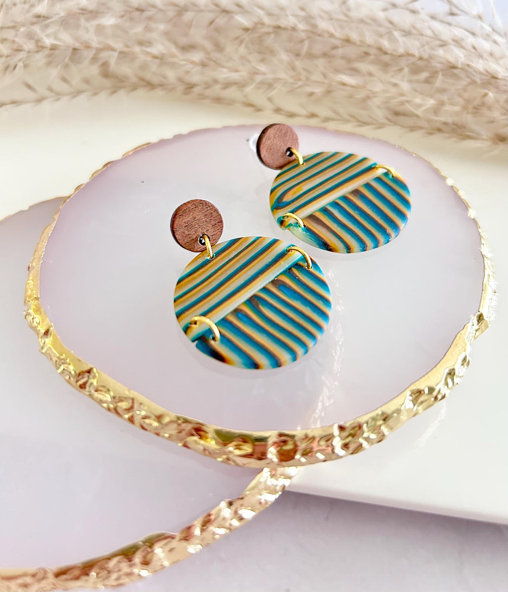 Burgundy Striped Earrings, Teal Mustard Fall Earrings, Multicolor Handmade Boho Wood Clay Drop Dangles