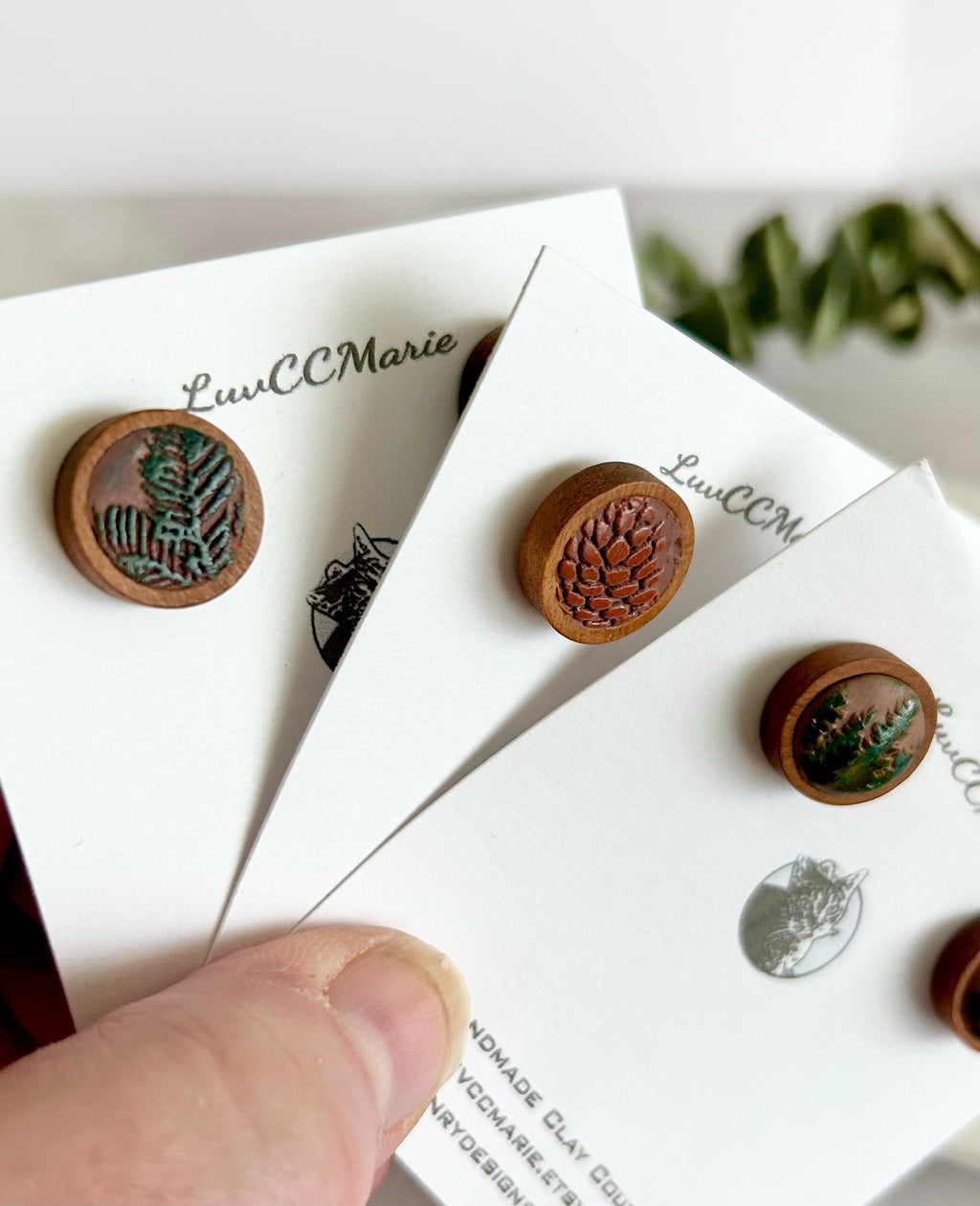 Handmade Pine Cone Stud Earrings: Wood & Clay Fall Boho Jewelry