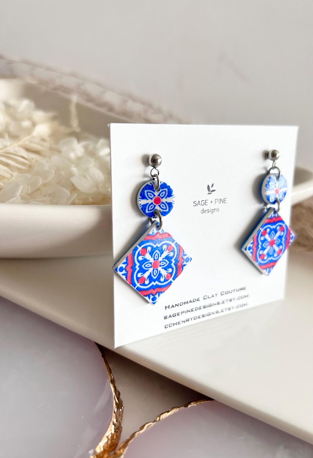 Cobalt Blue Tile 4th of July Earrings, Greek Dangles, Handmade Boho Clay Jewelry