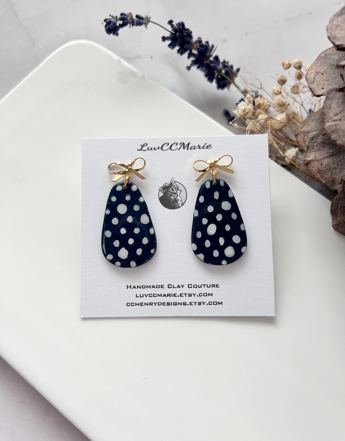 Hand Painted Navy Blue & White Polka Dot Earrings, Gold Bow Drop Dangles, Handmade Jewelry
