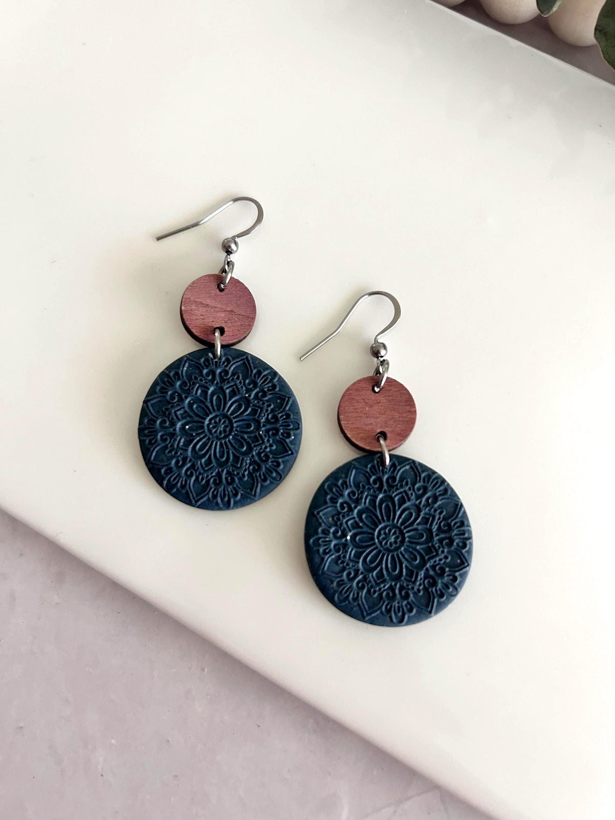Dark Blue Clay Earrings, Round Mandala Embossed Dangles, Handmade Fashion Boho Jewelry